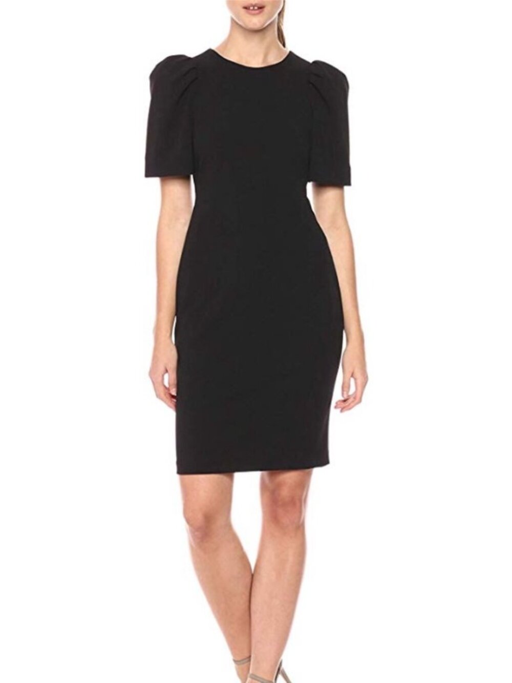 Calvin Klein Puff Sleeve Sheath Dress Size 6 Black Knee Length Career
